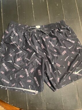 Nike Black Swim Shorts with Pink & White Logo Print